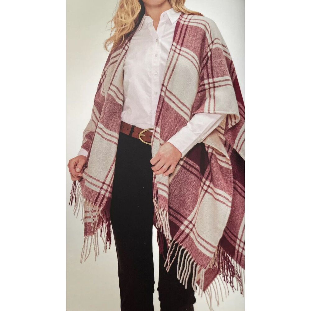 Banana Republic Wrap Kimono Blanket Cashmere Blend Plaid Red Fringe Wine New